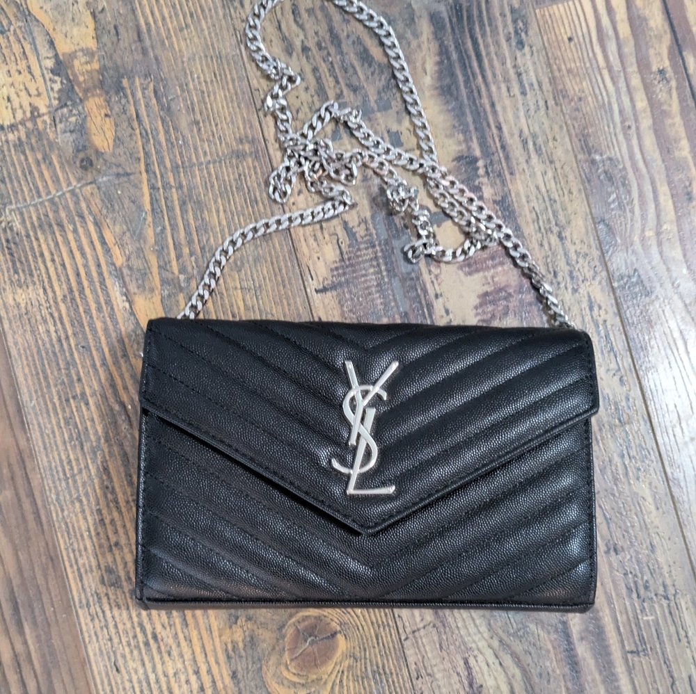 Black Silver Quilted Clutch Wallet On Chain